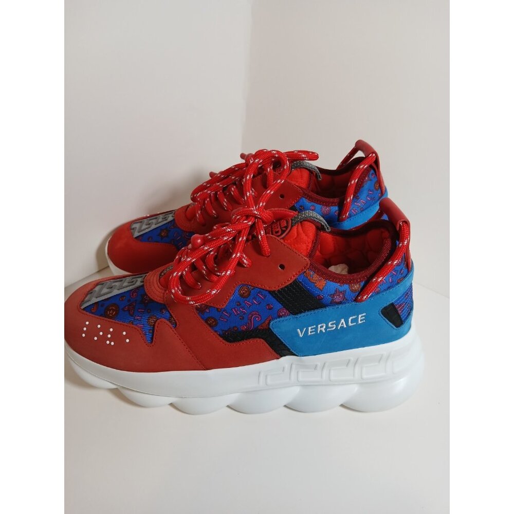 Versace Red Blue Barocco Chain Reaction Sneakers Size 42 US 9 MADE IN ITALY NEW